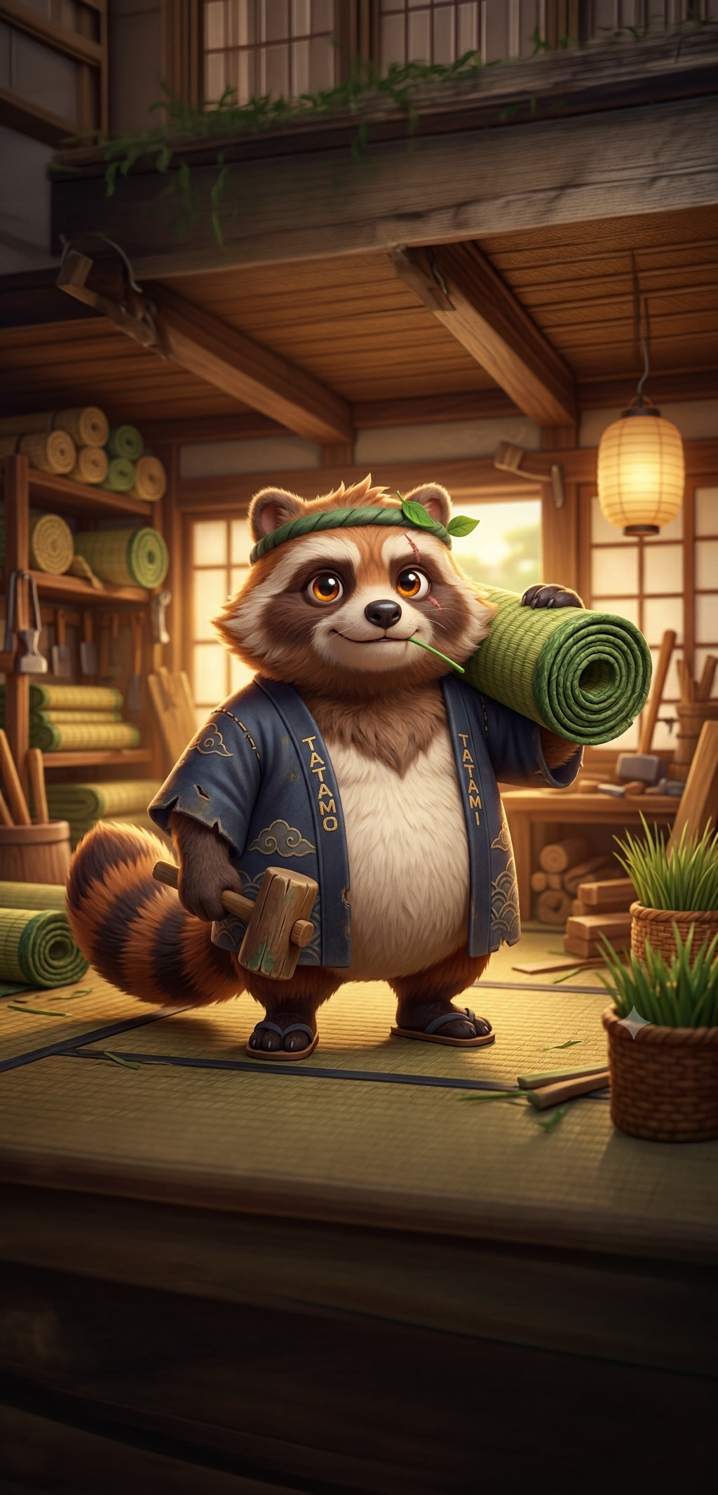 Tatamo, a grumpy tanuki tatami craftsman, in his workshop